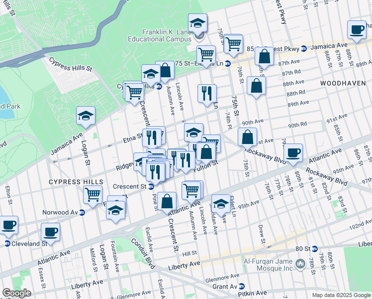 map of restaurants, bars, coffee shops, grocery stores, and more near 493 Ridgewood Avenue in Brooklyn
