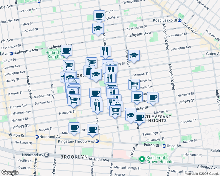 map of restaurants, bars, coffee shops, grocery stores, and more near 462 Madison Street in Brooklyn