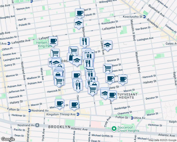 map of restaurants, bars, coffee shops, grocery stores, and more near 462 Madison Street in Brooklyn