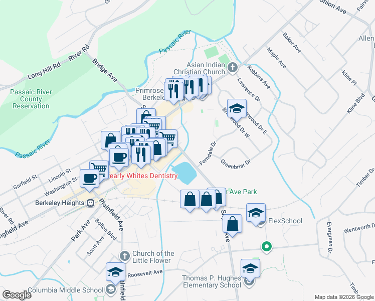 map of restaurants, bars, coffee shops, grocery stores, and more near 164 Snyder Avenue in Berkeley Heights