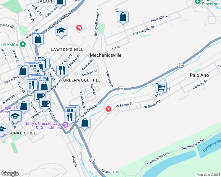 map of restaurants, bars, coffee shops, grocery stores, and more near 351 Anderson Street in Pottsville