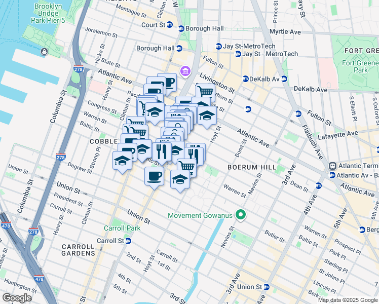 map of restaurants, bars, coffee shops, grocery stores, and more near 99 Wyckoff Street in Brooklyn