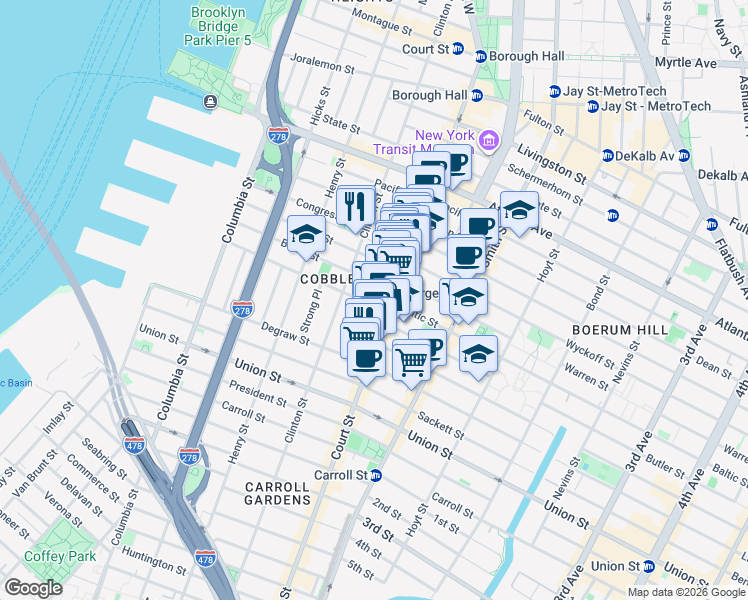 map of restaurants, bars, coffee shops, grocery stores, and more near 243 Kane Street in Brooklyn