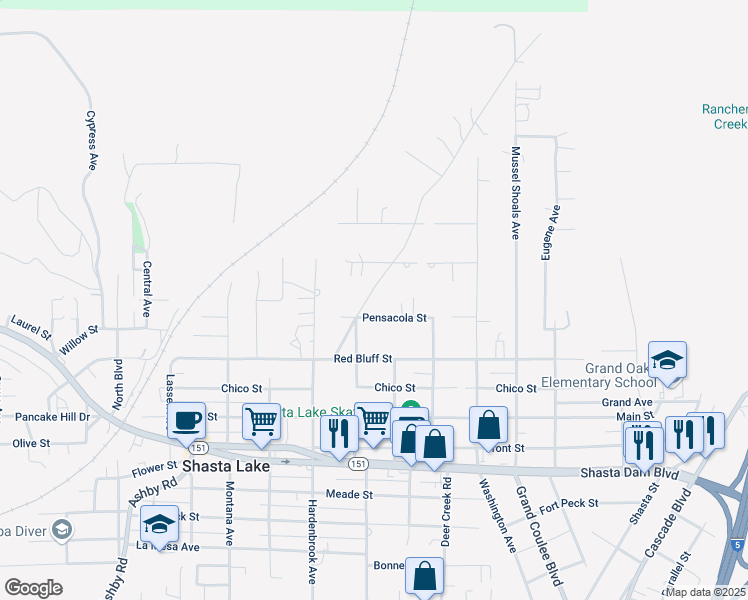 map of restaurants, bars, coffee shops, grocery stores, and more near 1141 Black Canyon Road in Shasta Lake