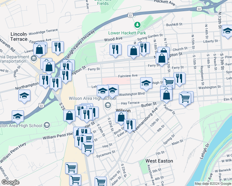map of restaurants, bars, coffee shops, grocery stores, and more near 248 South 21st Street in Easton