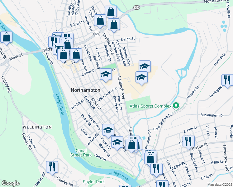 map of restaurants, bars, coffee shops, grocery stores, and more near 1537 Dewey Avenue in Northampton
