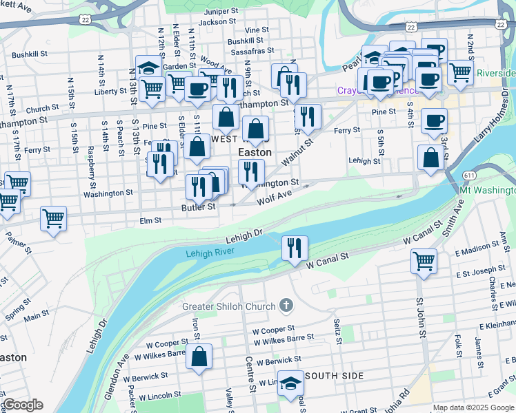 map of restaurants, bars, coffee shops, grocery stores, and more near 898 Wolf Avenue in Easton