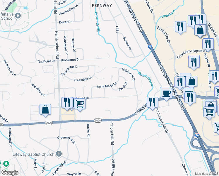 map of restaurants, bars, coffee shops, grocery stores, and more near 500 Sarah Drive in Cranberry Township
