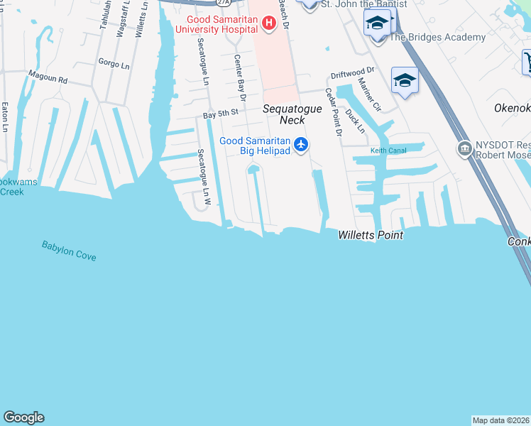 map of restaurants, bars, coffee shops, grocery stores, and more near 870 East Bay Drive in West Islip