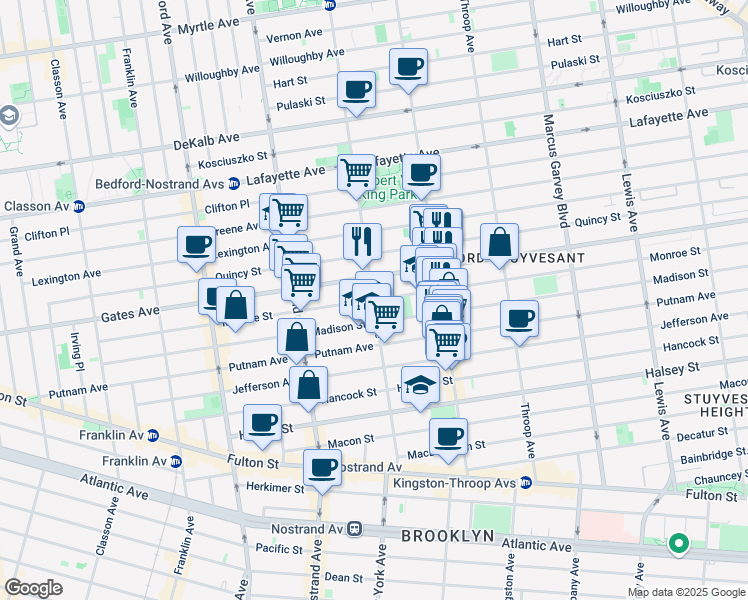 map of restaurants, bars, coffee shops, grocery stores, and more near Marcy Ave & Monroe St in Brooklyn
