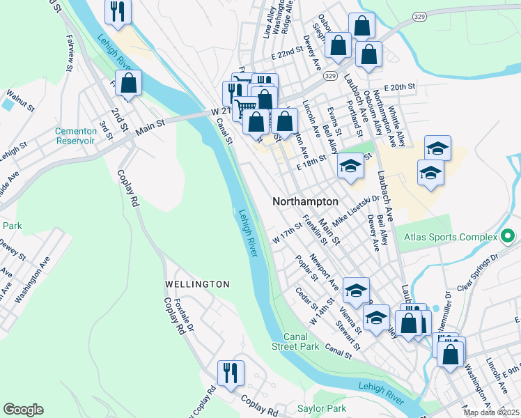 map of restaurants, bars, coffee shops, grocery stores, and more near 1761 Canal Street in Northampton