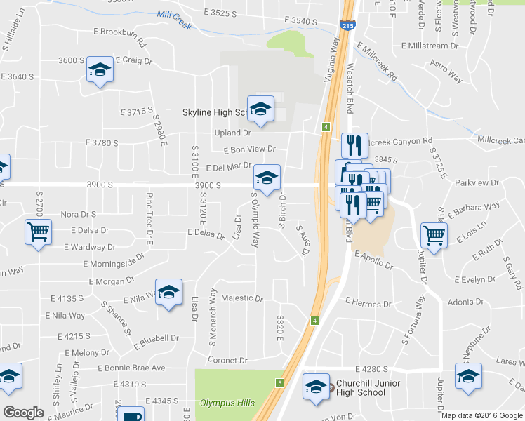 map of restaurants, bars, coffee shops, grocery stores, and more near 3949 South Olympic Way in Salt Lake City