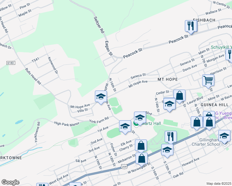 map of restaurants, bars, coffee shops, grocery stores, and more near 601 North 16th Street in Pottsville
