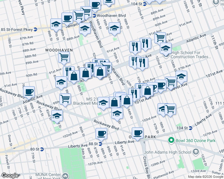 map of restaurants, bars, coffee shops, grocery stores, and more near in Queens
