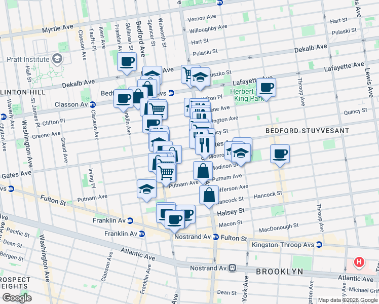 map of restaurants, bars, coffee shops, grocery stores, and more near 370 Gates Avenue in Brooklyn