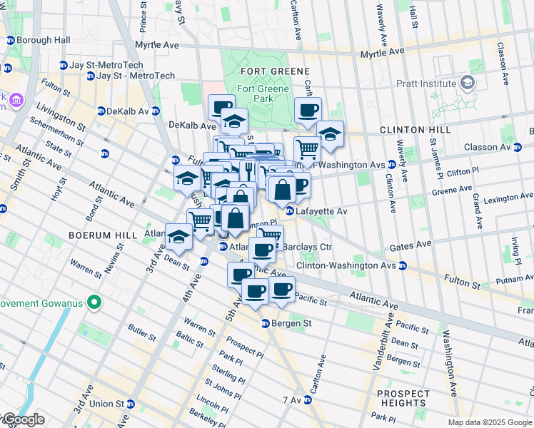 map of restaurants, bars, coffee shops, grocery stores, and more near 116 South Elliott Place in Brooklyn