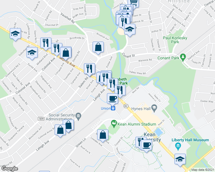 map of restaurants, bars, coffee shops, grocery stores, and more near Morris Ave & Lehigh Ave in Union
