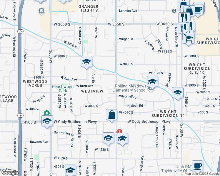 map of restaurants, bars, coffee shops, grocery stores, and more near 3228 Meadow Leaf Court in West Valley City
