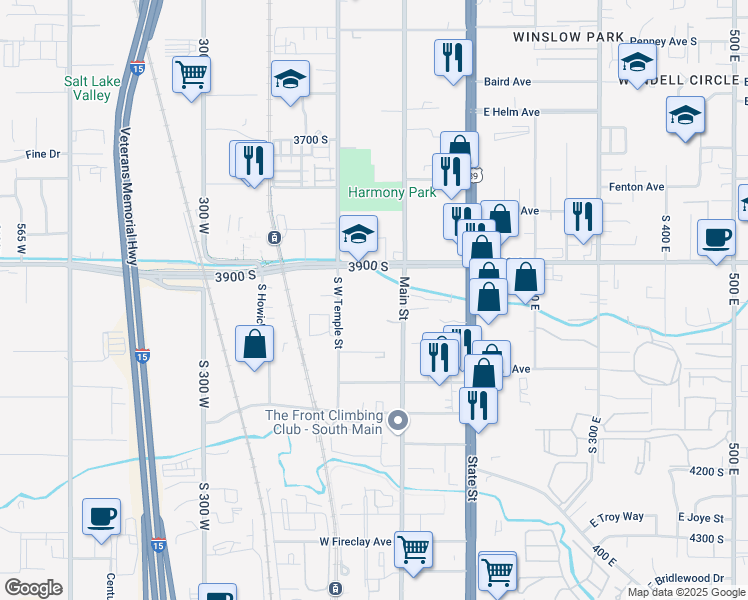 map of restaurants, bars, coffee shops, grocery stores, and more near 3960 South West Temple in Murray