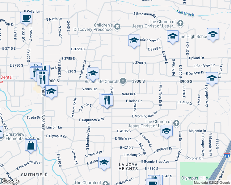 map of restaurants, bars, coffee shops, grocery stores, and more near 2721 Nora Drive South in Salt Lake City