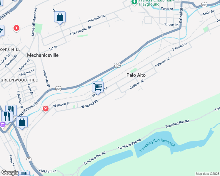 map of restaurants, bars, coffee shops, grocery stores, and more near 32 W Bacon St in Pottsville