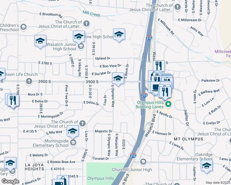 map of restaurants, bars, coffee shops, grocery stores, and more near 3949 South Olympic Way in Salt Lake City