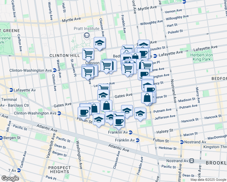 map of restaurants, bars, coffee shops, grocery stores, and more near 46 Quincy Street in Brooklyn