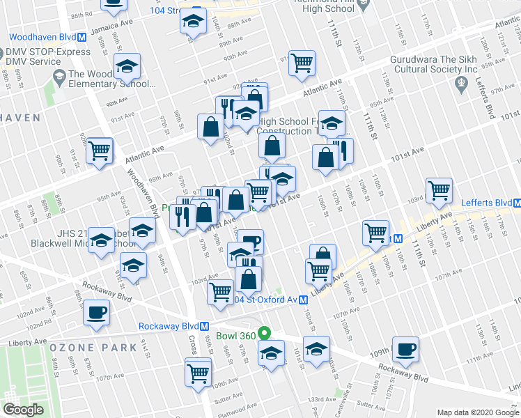 map of restaurants, bars, coffee shops, grocery stores, and more near 102-7 101st Avenue in Queens