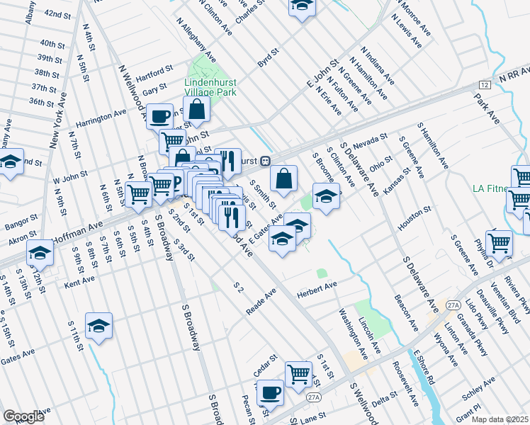 map of restaurants, bars, coffee shops, grocery stores, and more near 180 Travis Street in Lindenhurst