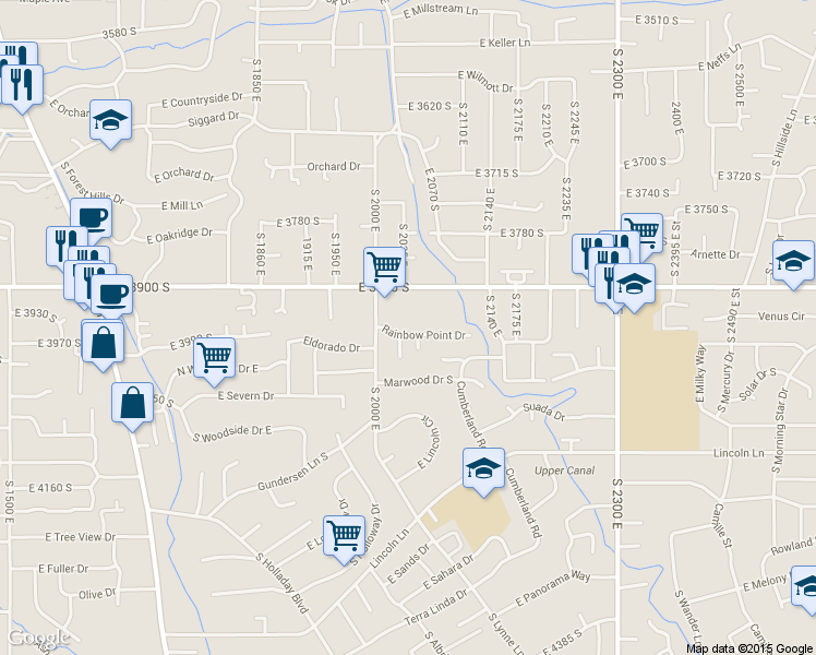 map of restaurants, bars, coffee shops, grocery stores, and more near 2039 Rainbow Point Drive in Holladay