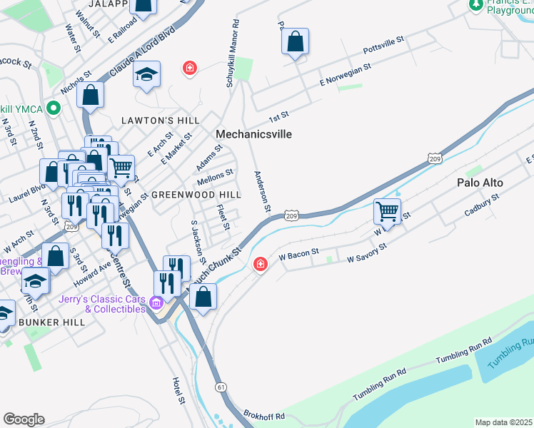 map of restaurants, bars, coffee shops, grocery stores, and more near 351 Anderson Street in Pottsville