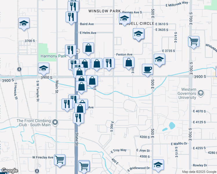 map of restaurants, bars, coffee shops, grocery stores, and more near 3956 South 300 East in Murray