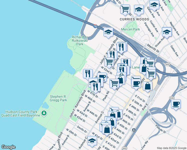 map of restaurants, bars, coffee shops, grocery stores, and more near 1143 John F Kennedy Boulevard West in Bayonne