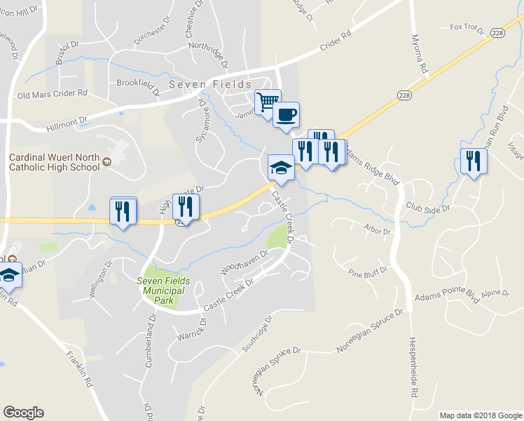 map of restaurants, bars, coffee shops, grocery stores, and more near 212 Brookside Lane in Seven Fields