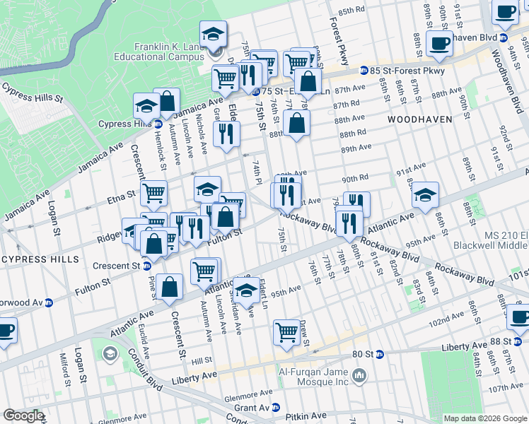map of restaurants, bars, coffee shops, grocery stores, and more near 74-20 Rockaway Boulevard in Queens
