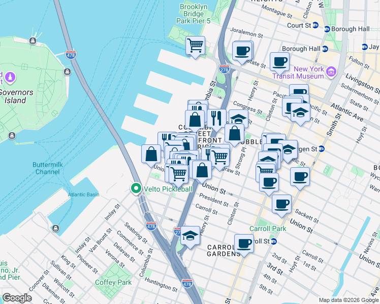 map of restaurants, bars, coffee shops, grocery stores, and more near 182 Columbia Street in Brooklyn