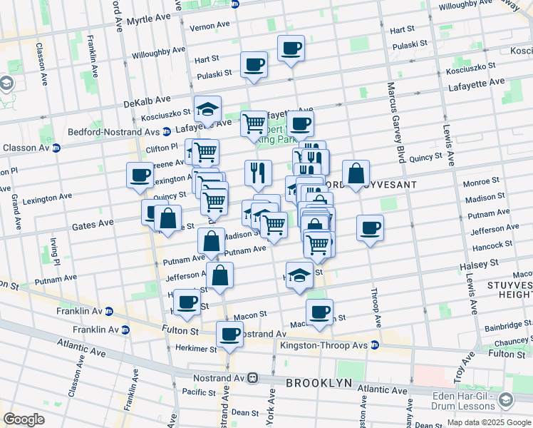 map of restaurants, bars, coffee shops, grocery stores, and more near 811 Marcy Avenue in Brooklyn