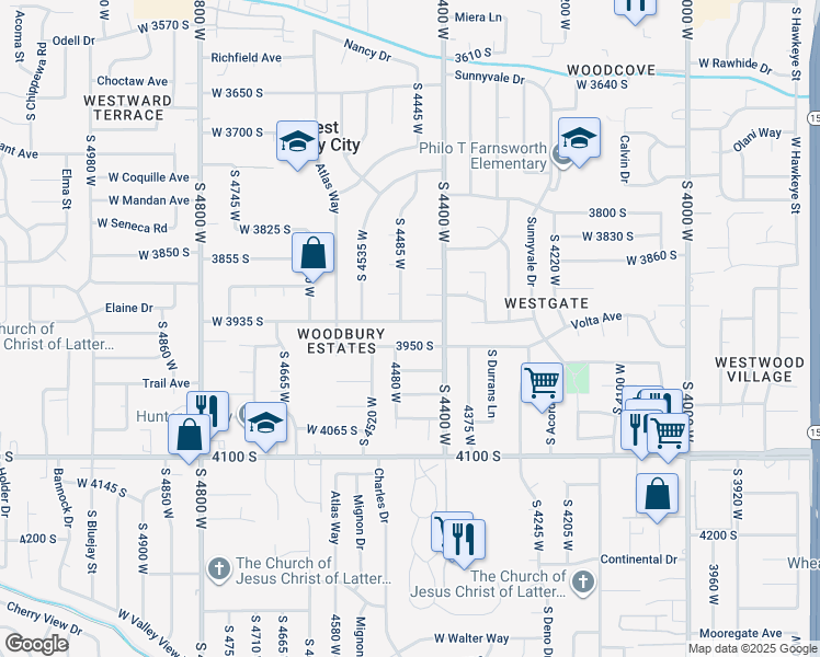 map of restaurants, bars, coffee shops, grocery stores, and more near 4473 Thayn Drive in West Valley City