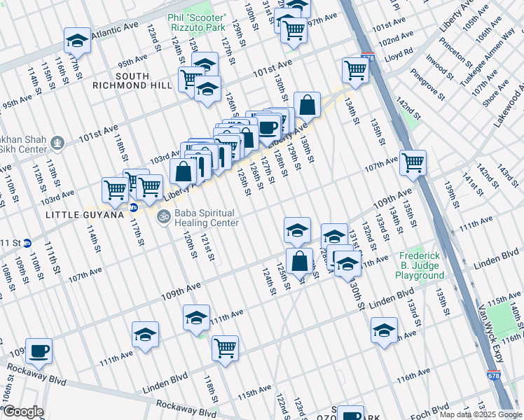 map of restaurants, bars, coffee shops, grocery stores, and more near 125-05 107th Avenue in Queens
