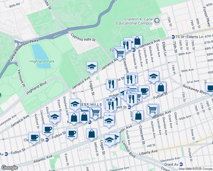 map of restaurants, bars, coffee shops, grocery stores, and more near 196 Etna Street in Brooklyn