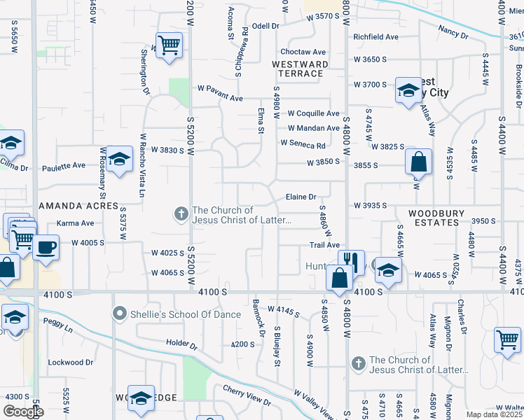 map of restaurants, bars, coffee shops, grocery stores, and more near 5021 Elaine Drive in West Valley City