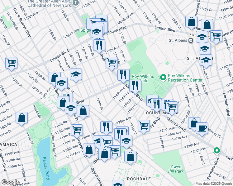 map of restaurants, bars, coffee shops, grocery stores, and more near 170-21 118th Avenue in Queens