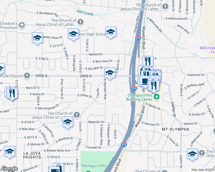 map of restaurants, bars, coffee shops, grocery stores, and more near 3949 South Olympic Way in Salt Lake City