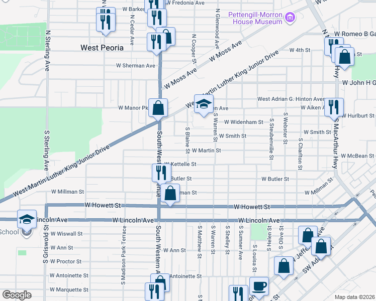 map of restaurants, bars, coffee shops, grocery stores, and more near 1799 West Martin Street in Peoria
