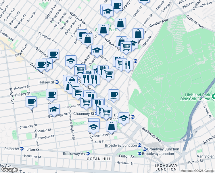 map of restaurants, bars, coffee shops, grocery stores, and more near 90 Cooper Street in Brooklyn