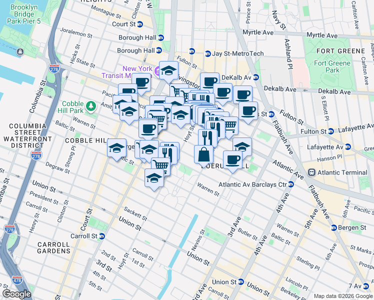 map of restaurants, bars, coffee shops, grocery stores, and more near 148 Dean Street in Brooklyn