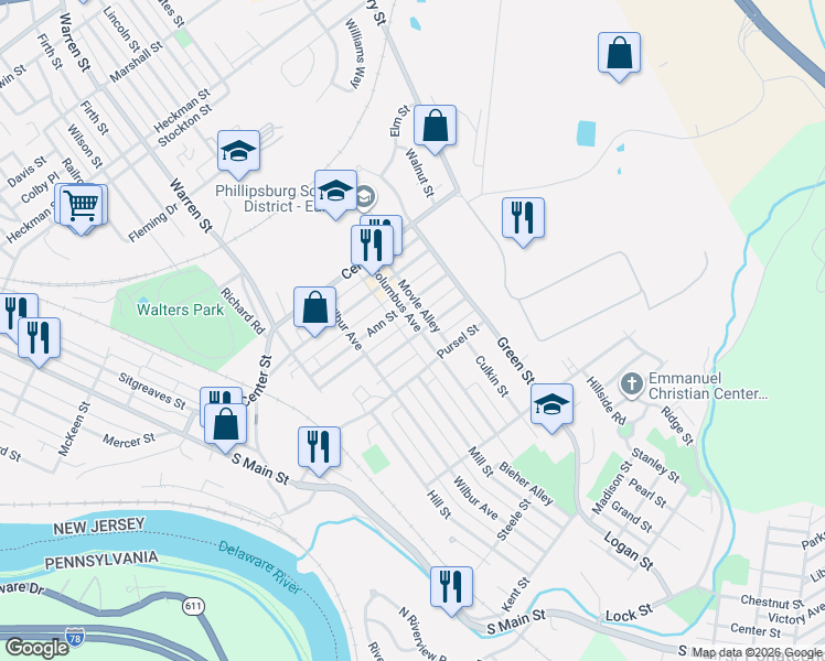 map of restaurants, bars, coffee shops, grocery stores, and more near 740 Columbus Avenue in Phillipsburg