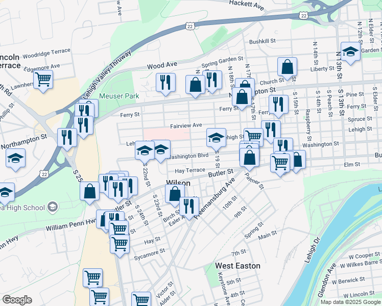 map of restaurants, bars, coffee shops, grocery stores, and more near 299 South 20th Street in Easton