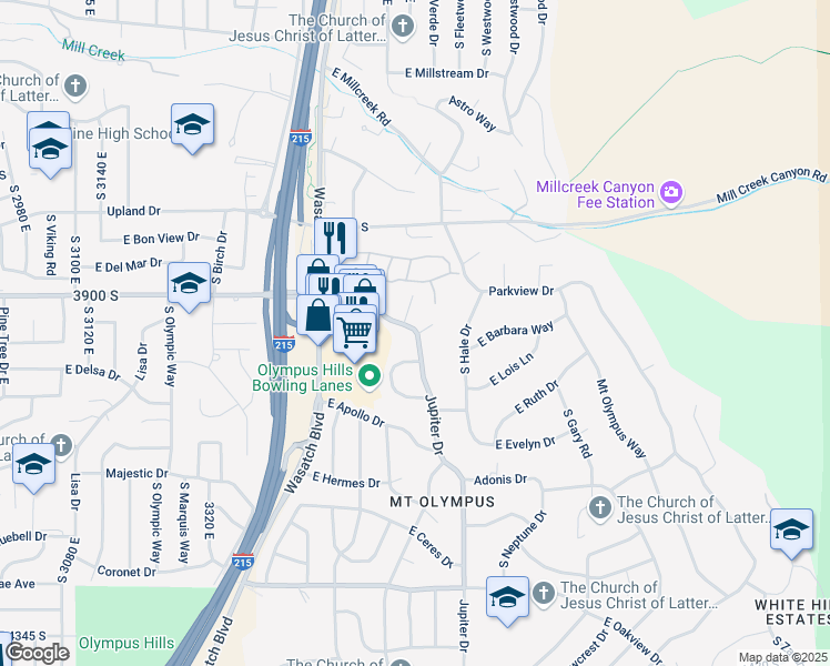 map of restaurants, bars, coffee shops, grocery stores, and more near 3675 East Juno Circle in Salt Lake City