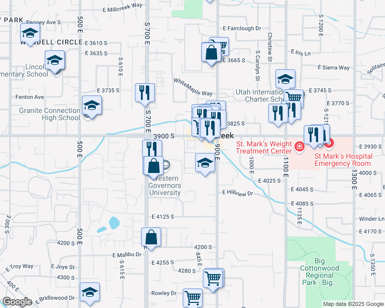 map of restaurants, bars, coffee shops, grocery stores, and more near 880 East 3900 South in Salt Lake City